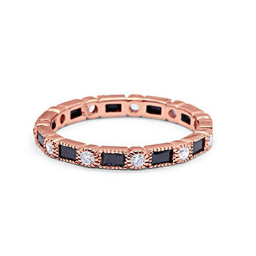 Full Eternity Wedding Band Rose Tone, Simulated Black CZ 925 Sterling Silver